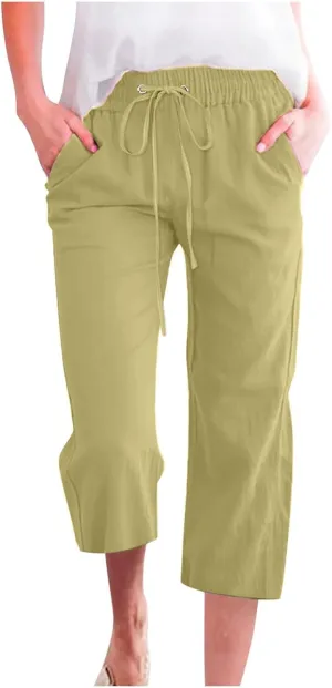 Womens Plus Size Capris Pants Cotton Linen Casual Summer Drawstring Elastic Waist Wide Leg Loose Cropped Solid Trouser