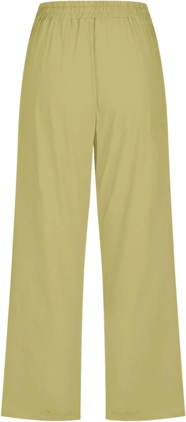 Womens Plus Size Capris Pants Cotton Linen Casual Summer Drawstring Elastic Waist Wide Leg Loose Cropped Solid Trouser