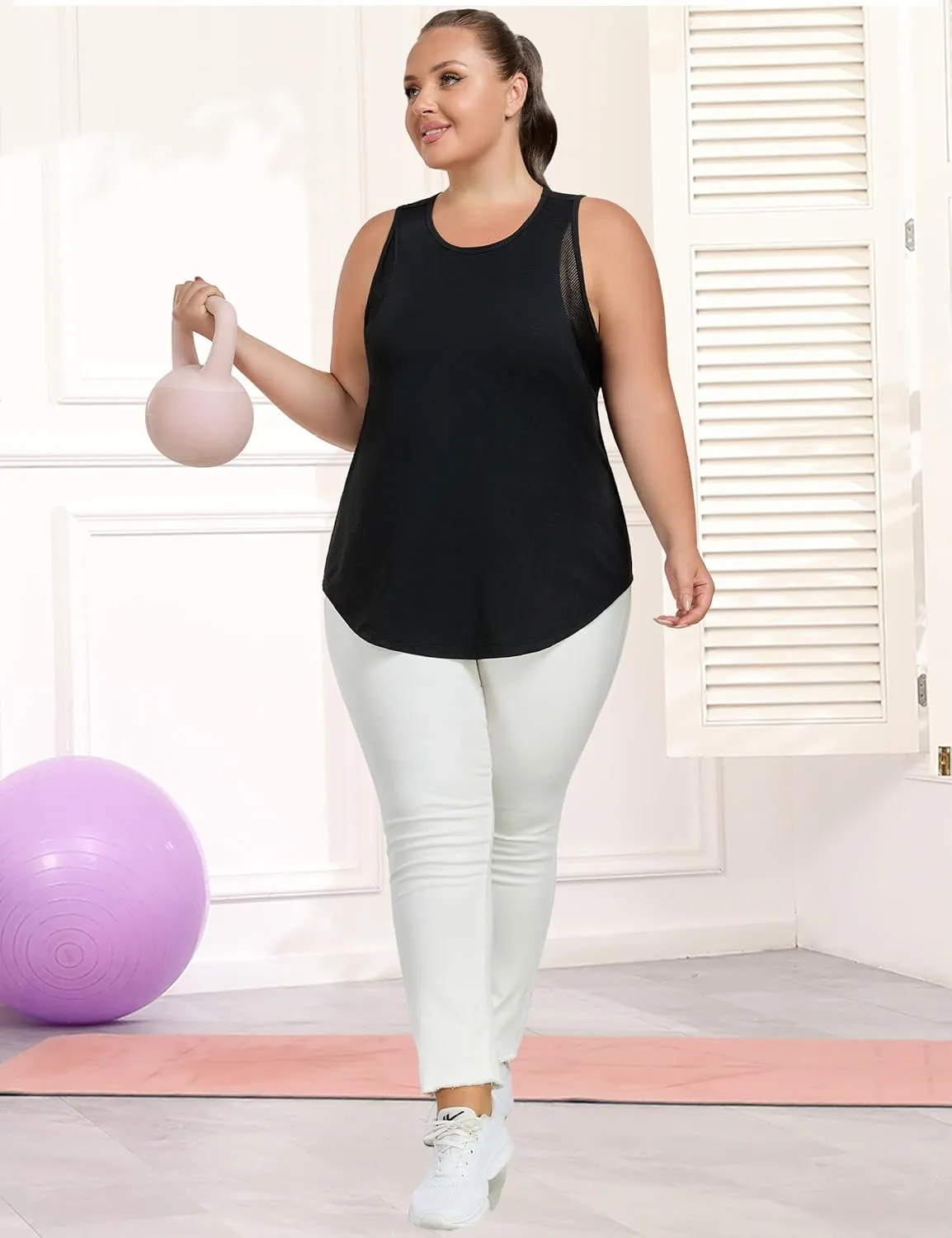 Women's Plus Size Workout Tank Tops with Mesh, XL-5XL Athletic Sleeveless Shirts Loose Fit, Flowy Yoga Tunic Top