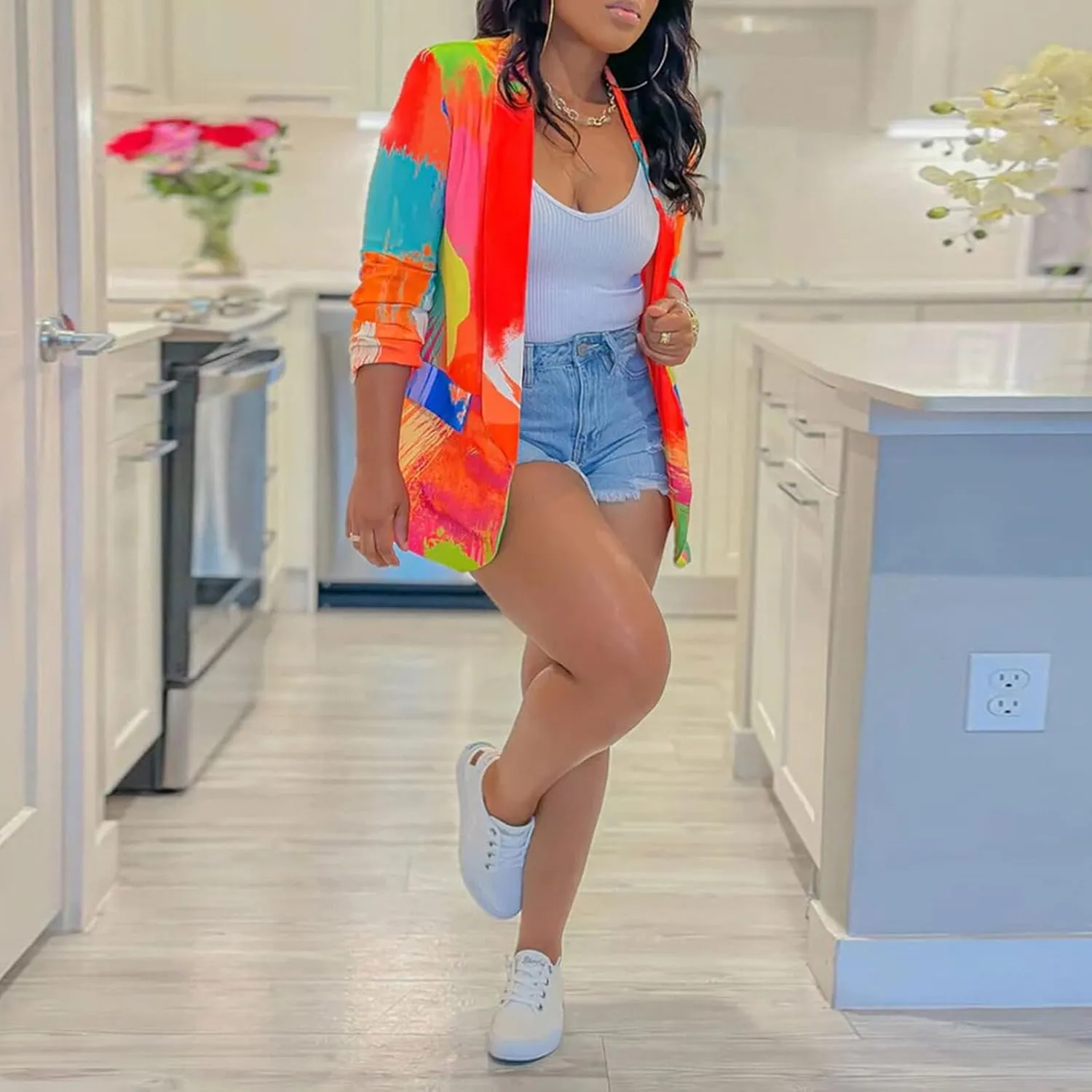 Women's Printed Blazer Jackets Long Sleeve Open Front Casual Multicolor Print Blazers Work Suits