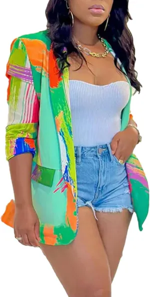 Women's Printed Blazer Jackets Long Sleeve Open Front Casual Multicolor Print Blazers Work Suits