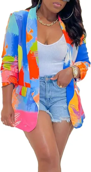 Women's Printed Blazer Jackets Long Sleeve Open Front Casual Multicolor Print Blazers Work Suits