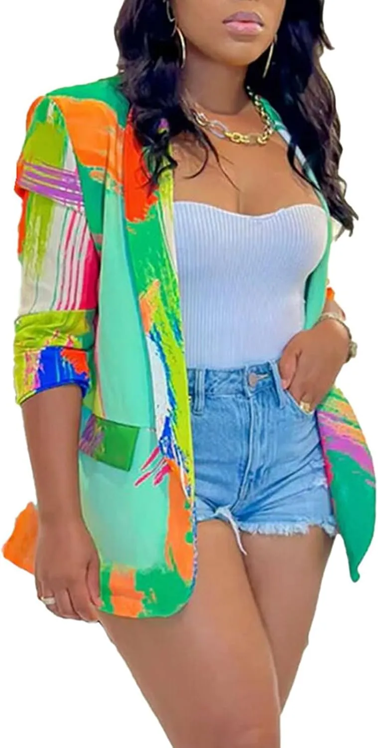 Women's Printed Blazer Jackets Long Sleeve Open Front Casual Multicolor Print Blazers Work Suits