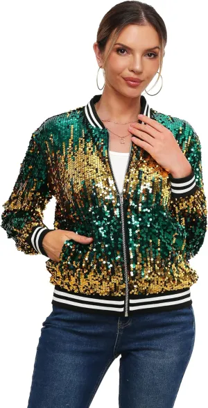 Womens Sequin Jacket Long Sleeve Zipper with Pockets Casual Party Sequin Bomber Jacket