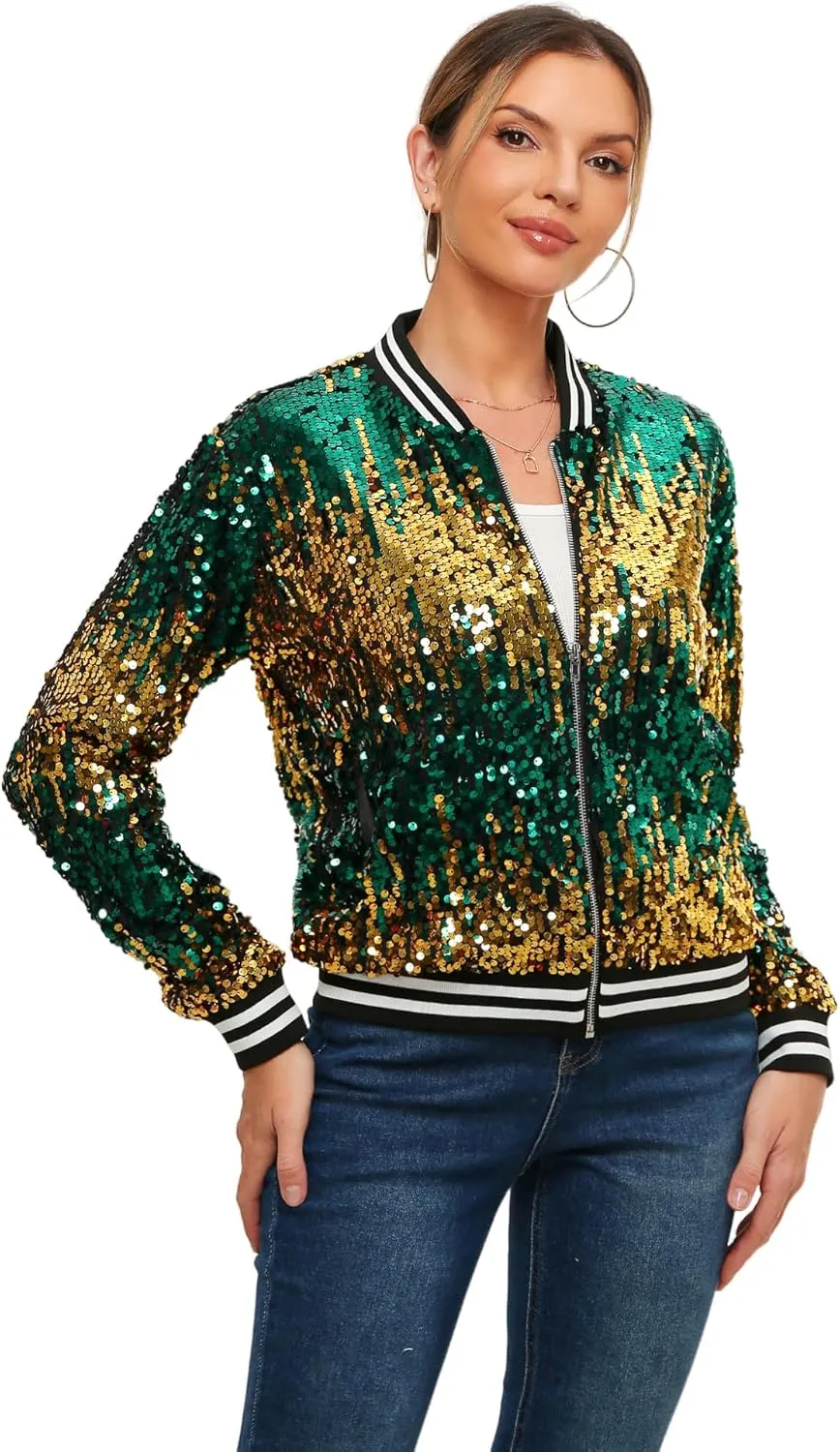 Womens Sequin Jacket Long Sleeve Zipper with Pockets Casual Party Sequin Bomber Jacket