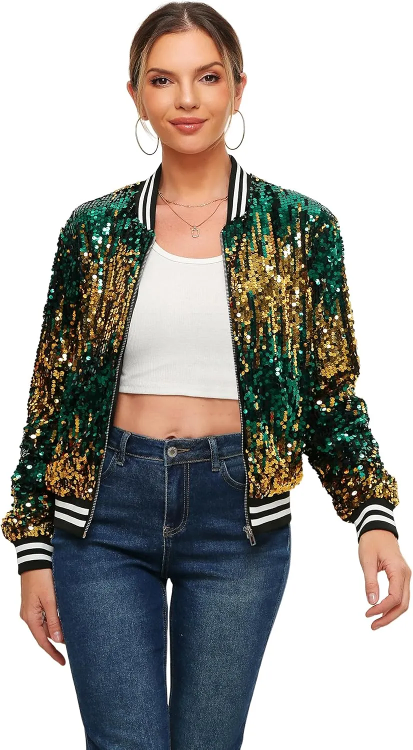 Womens Sequin Jacket Long Sleeve Zipper with Pockets Casual Party Sequin Bomber Jacket