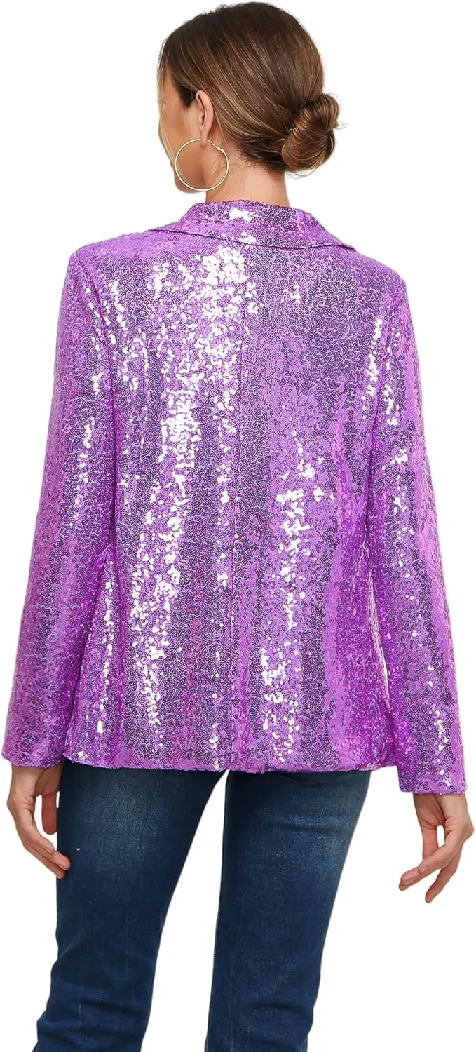 Women's Sequin Jacket Open Front Sparkly Blazer Jackets Casual Long Sleeve Party Glitter Cardigan Coat with Pockets