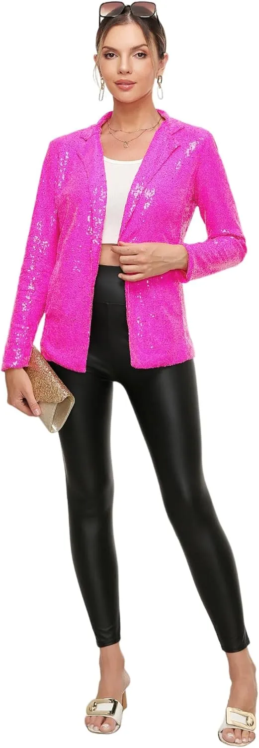 Women's Sequin Jacket Open Front Sparkly Blazer Jackets Casual Long Sleeve Party Glitter Cardigan Coat with Pockets