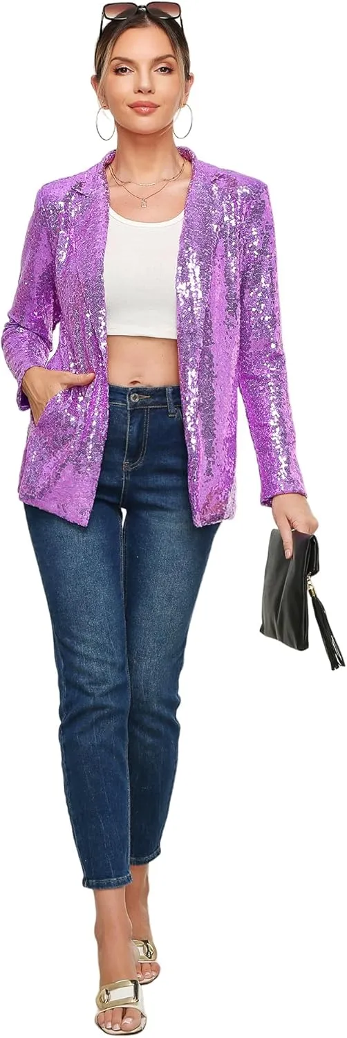 Women's Sequin Jacket Open Front Sparkly Blazer Jackets Casual Long Sleeve Party Glitter Cardigan Coat with Pockets