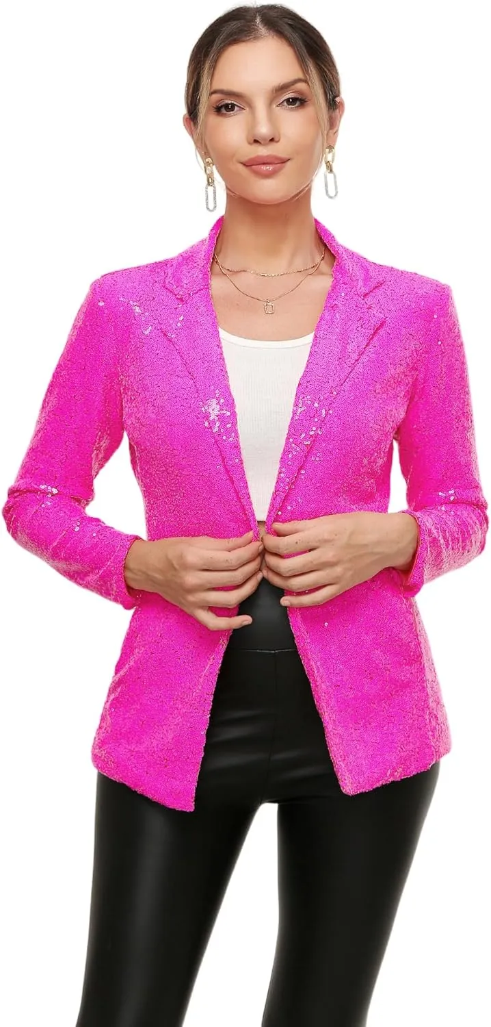 Women's Sequin Jacket Open Front Sparkly Blazer Jackets Casual Long Sleeve Party Glitter Cardigan Coat with Pockets