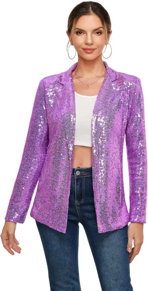 Women's Sequin Jacket Open Front Sparkly Blazer Jackets Casual Long Sleeve Party Glitter Cardigan Coat with Pockets