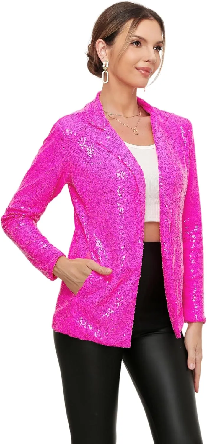 Women's Sequin Jacket Open Front Sparkly Blazer Jackets Casual Long Sleeve Party Glitter Cardigan Coat with Pockets