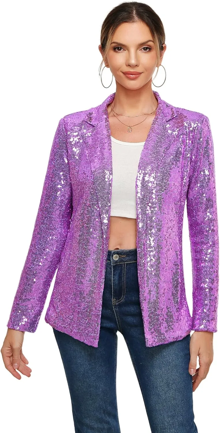 Women's Sequin Jacket Open Front Sparkly Blazer Jackets Casual Long Sleeve Party Glitter Cardigan Coat with Pockets