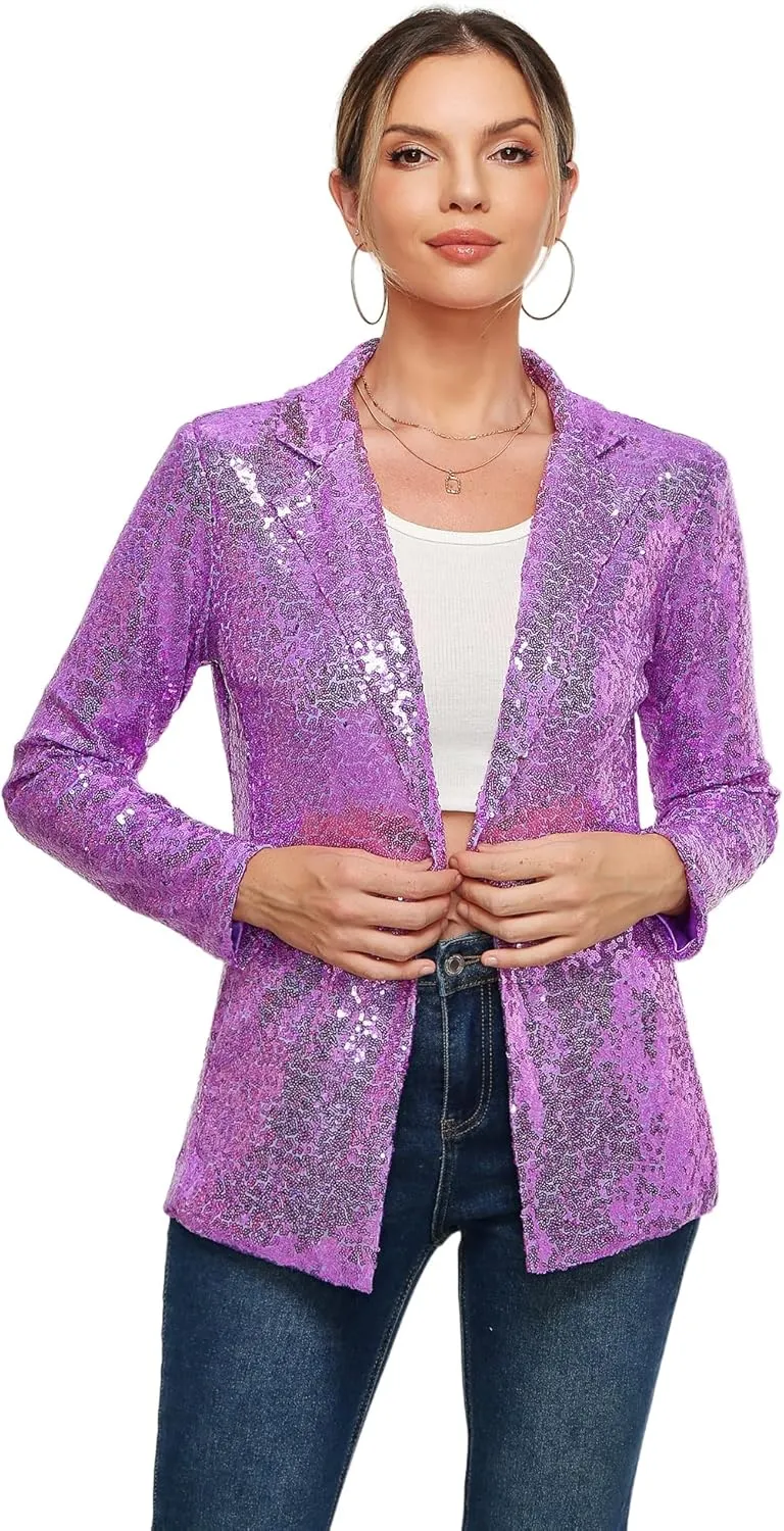 Women's Sequin Jacket Open Front Sparkly Blazer Jackets Casual Long Sleeve Party Glitter Cardigan Coat with Pockets