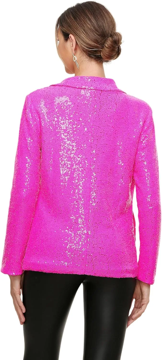 Women's Sequin Jacket Open Front Sparkly Blazer Jackets Casual Long Sleeve Party Glitter Cardigan Coat with Pockets