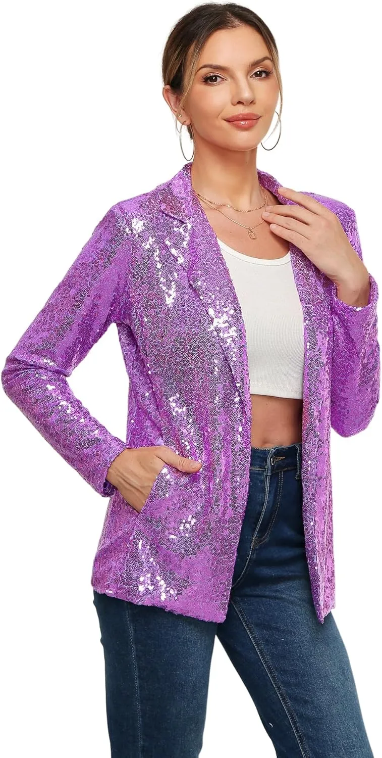 Women's Sequin Jacket Open Front Sparkly Blazer Jackets Casual Long Sleeve Party Glitter Cardigan Coat with Pockets