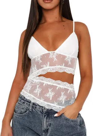 Womens Sexy Lace Cami Top Spaghetti Strap Low Cut Sleeveless Backless Floral Mesh Tank Tops Y2K Club Party Shirt