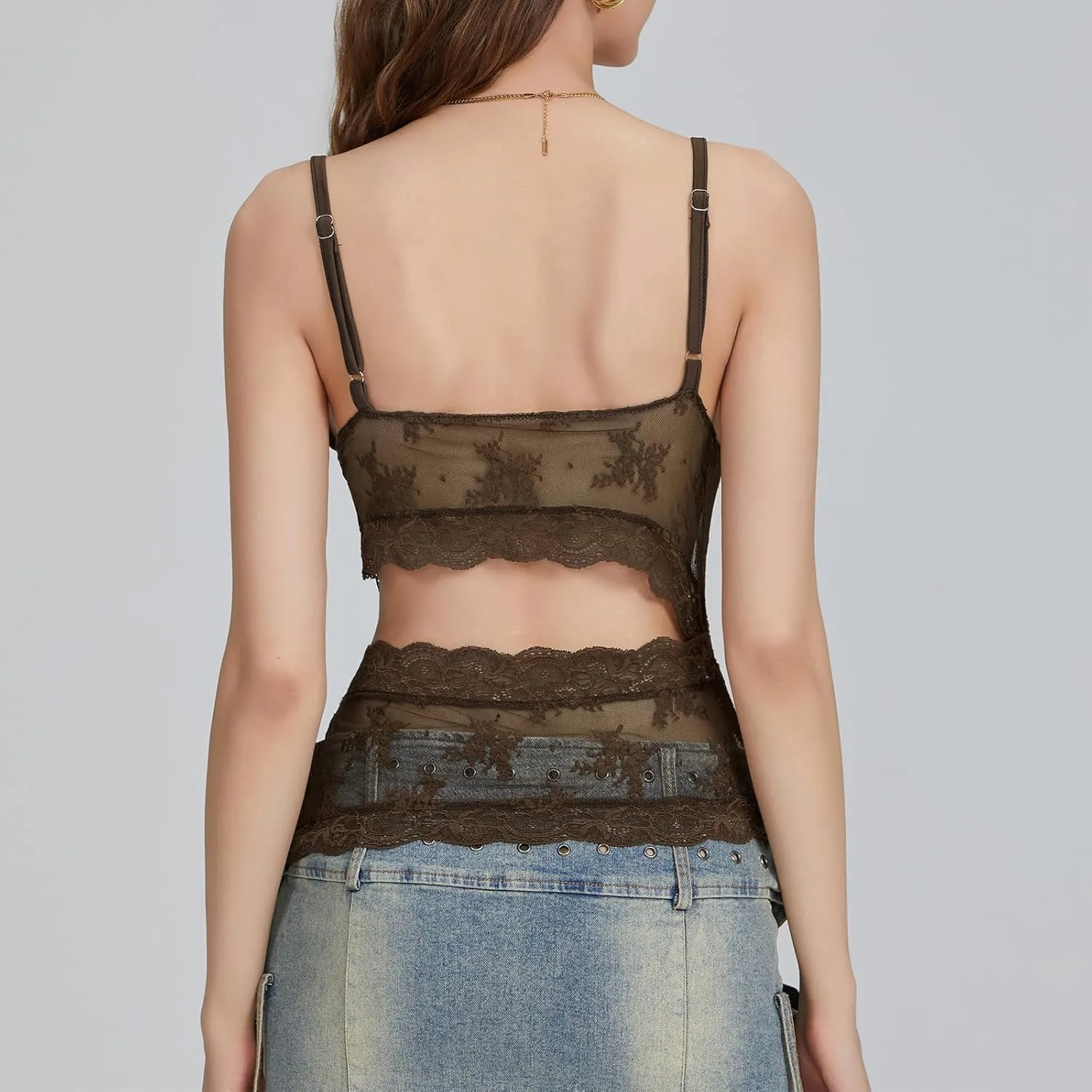 Womens Sexy Lace Cami Top Spaghetti Strap Low Cut Sleeveless Backless Floral Mesh Tank Tops Y2K Club Party Shirt