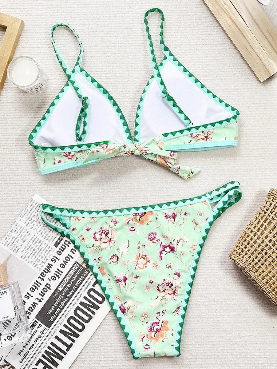 Women's Sexy Triangle Shell Shape Bikini Set - Green Flowers Beachwear