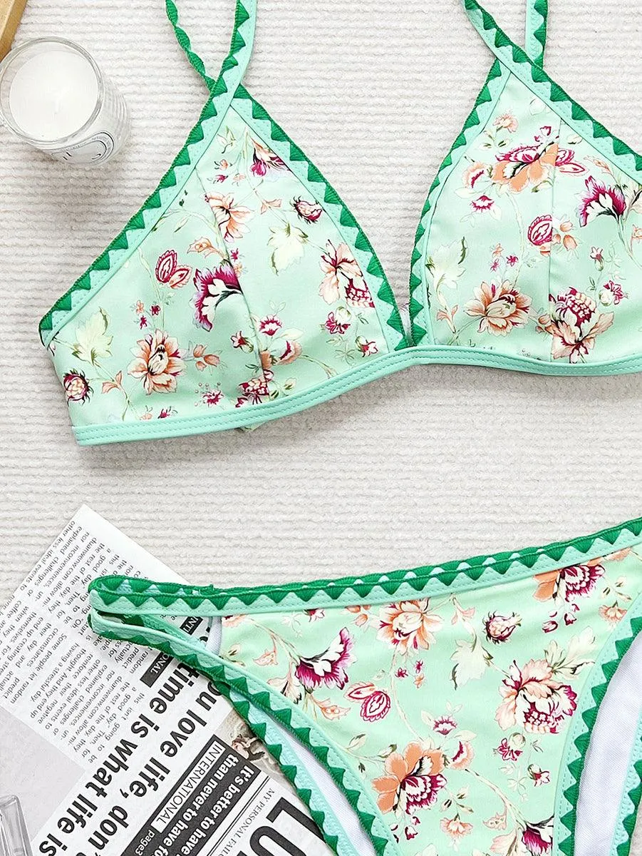 Women's Sexy Triangle Shell Shape Bikini Set - Green Flowers Beachwear