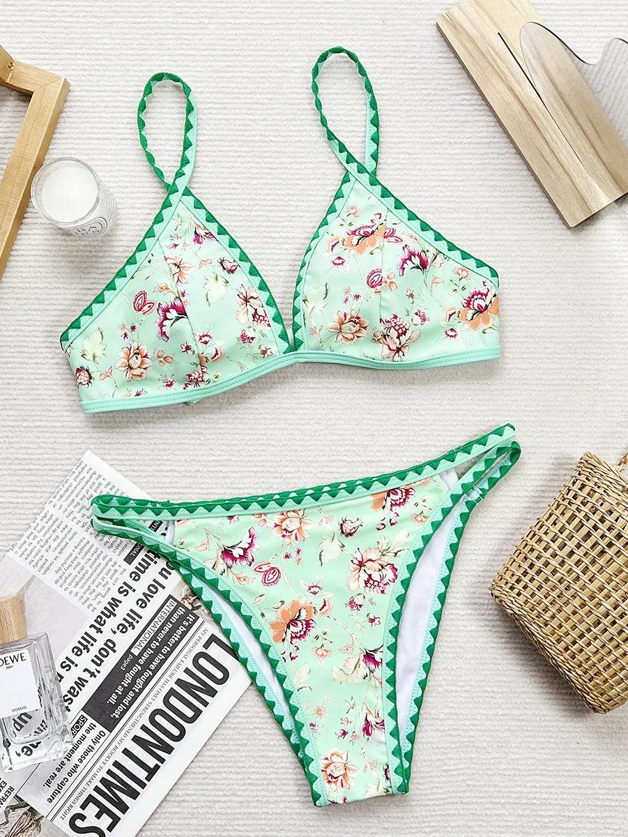 Women's Sexy Triangle Shell Shape Bikini Set - Green Flowers Beachwear