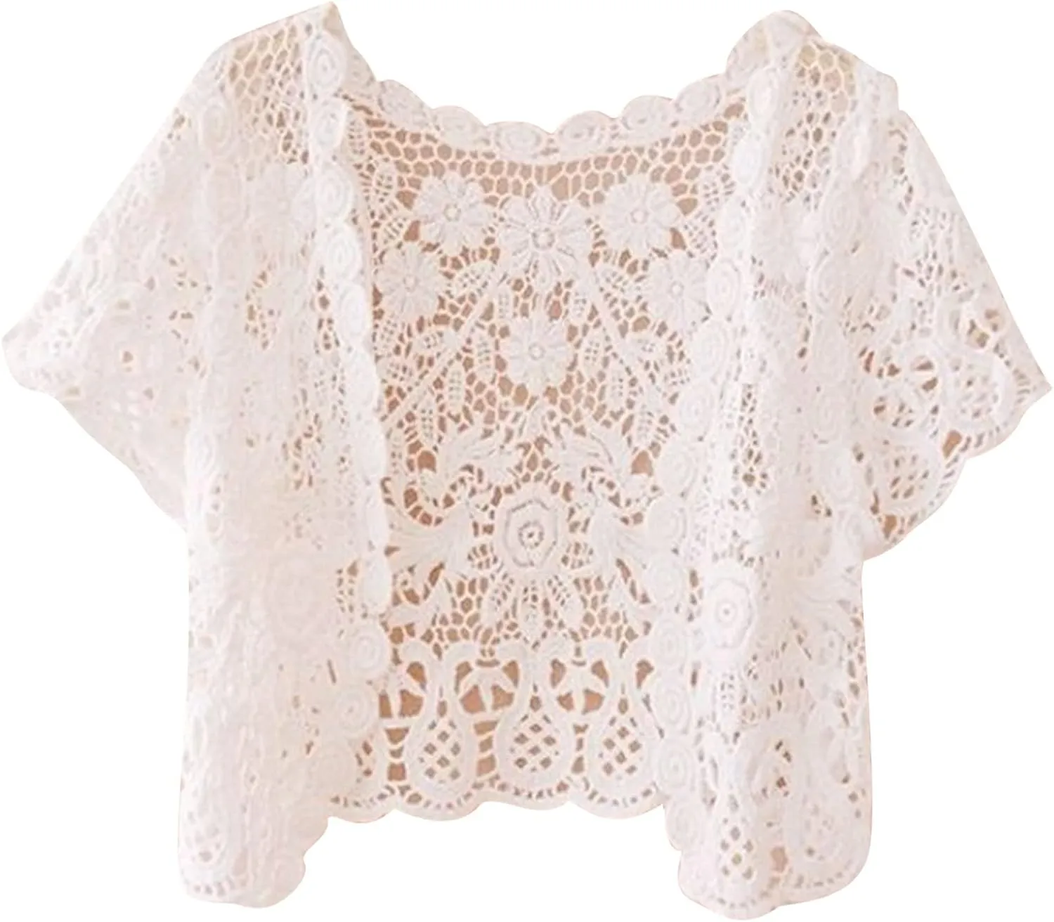 Womens Short Sleeve Open Front Lace Cardigan Floral Crochet Sheer Beach Up Shrugs Crop Jackets for Dresses