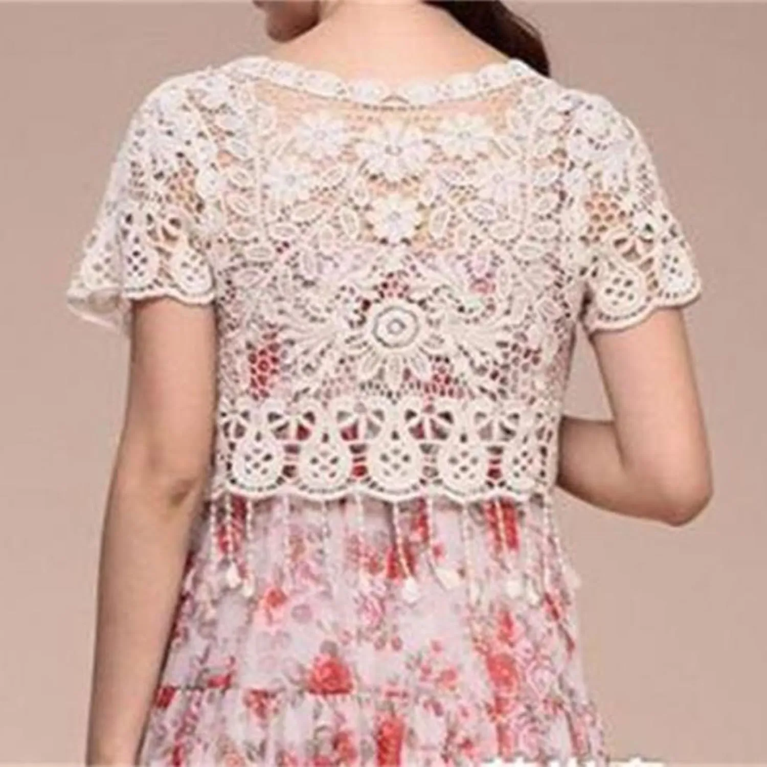 Womens Short Sleeve Open Front Lace Cardigan Floral Crochet Sheer Beach Up Shrugs Crop Jackets for Dresses