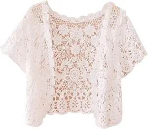 Womens Short Sleeve Open Front Lace Cardigan Floral Crochet Sheer Beach Up Shrugs Crop Jackets for Dresses