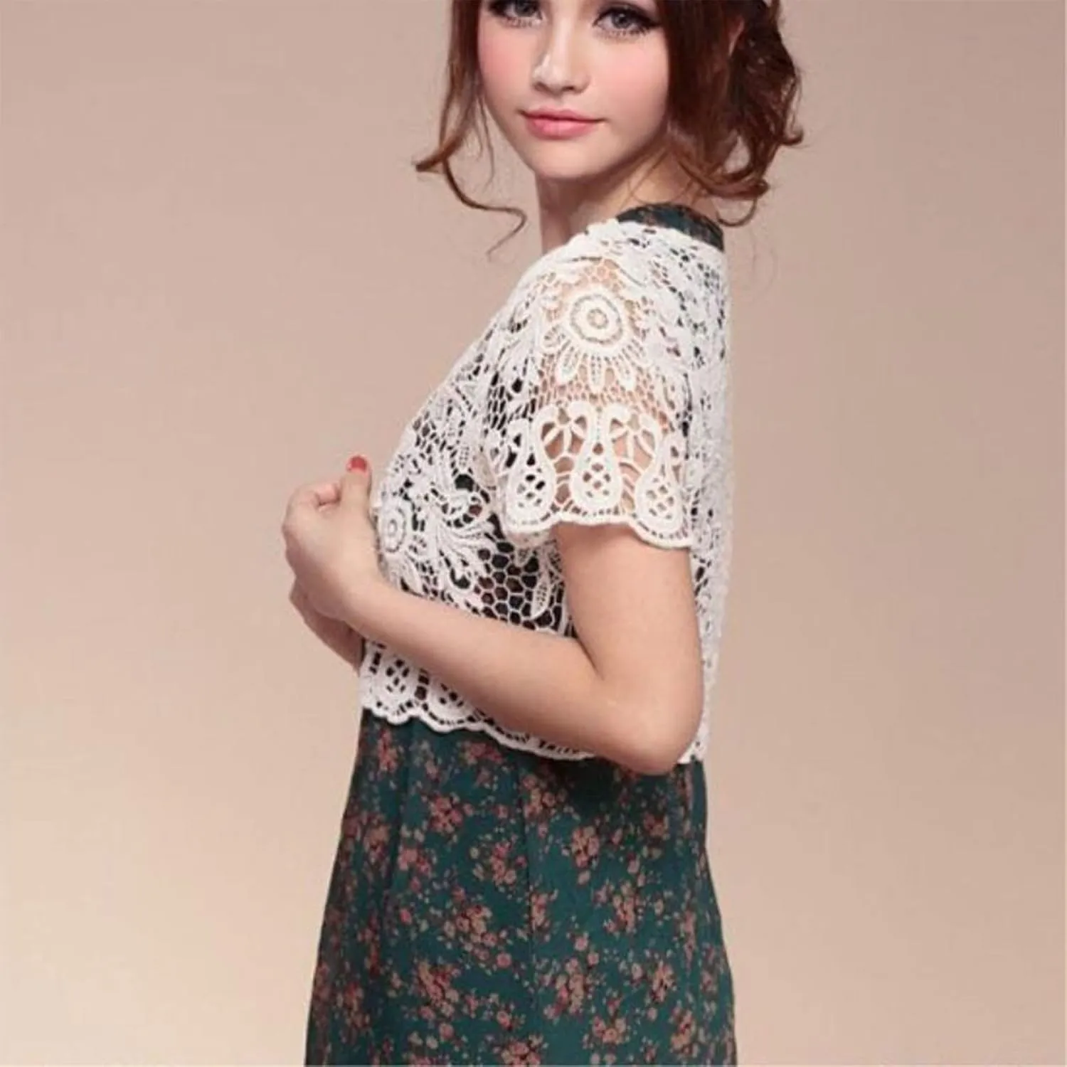 Womens Short Sleeve Open Front Lace Cardigan Floral Crochet Sheer Beach Up Shrugs Crop Jackets for Dresses