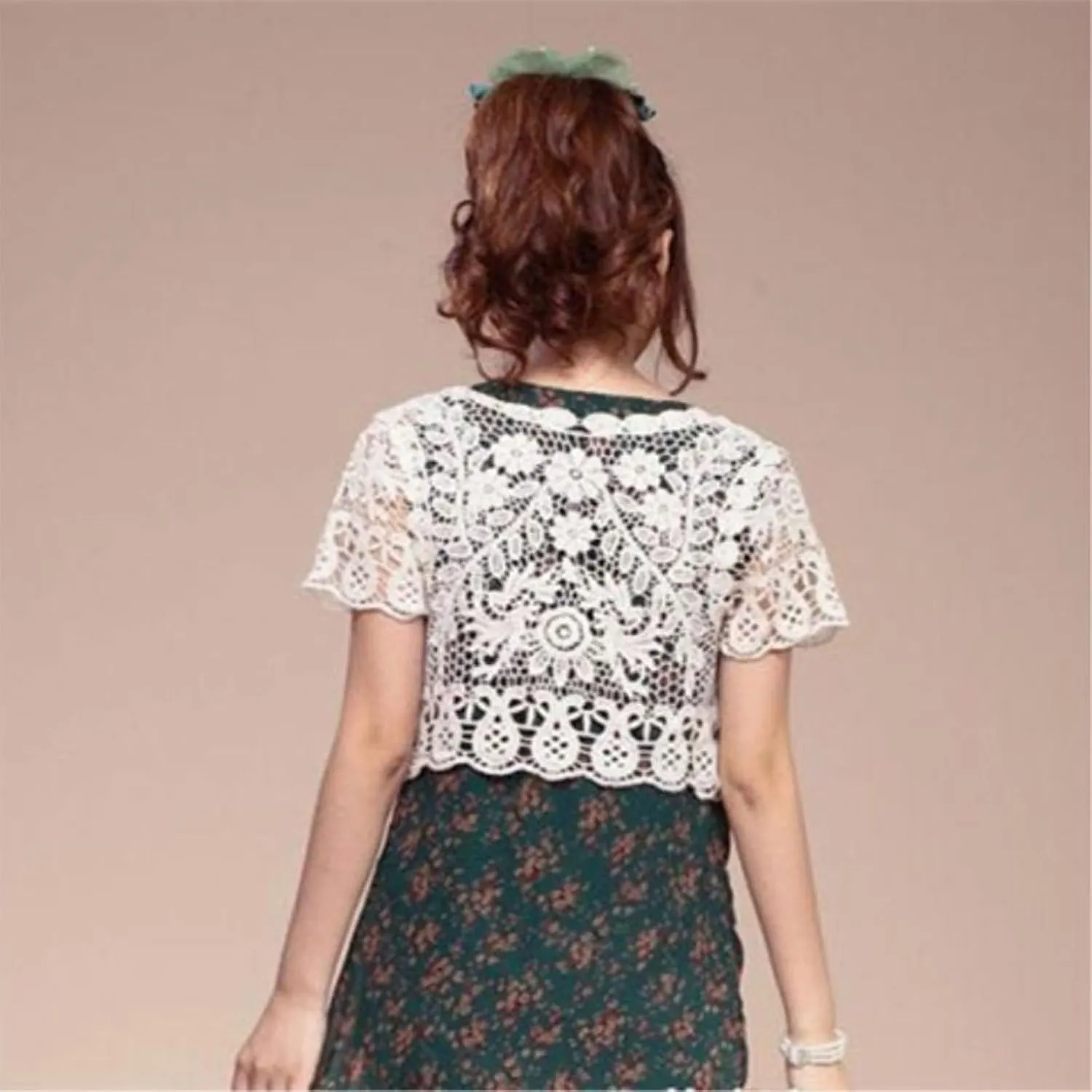 Womens Short Sleeve Open Front Lace Cardigan Floral Crochet Sheer Beach Up Shrugs Crop Jackets for Dresses