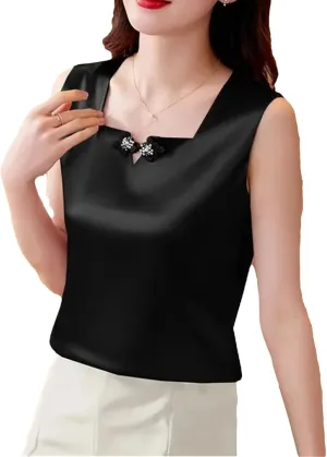 Women's Silk Satin Tank Tops Summer Square Neck Button Sleeveless Camisole Fashion Casual Vest