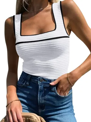 Women's Square Neck Tank Top Knit Ribbed Basic Tops Summer Casual Y2K Color Block Sleeveless Cami Tank Tops