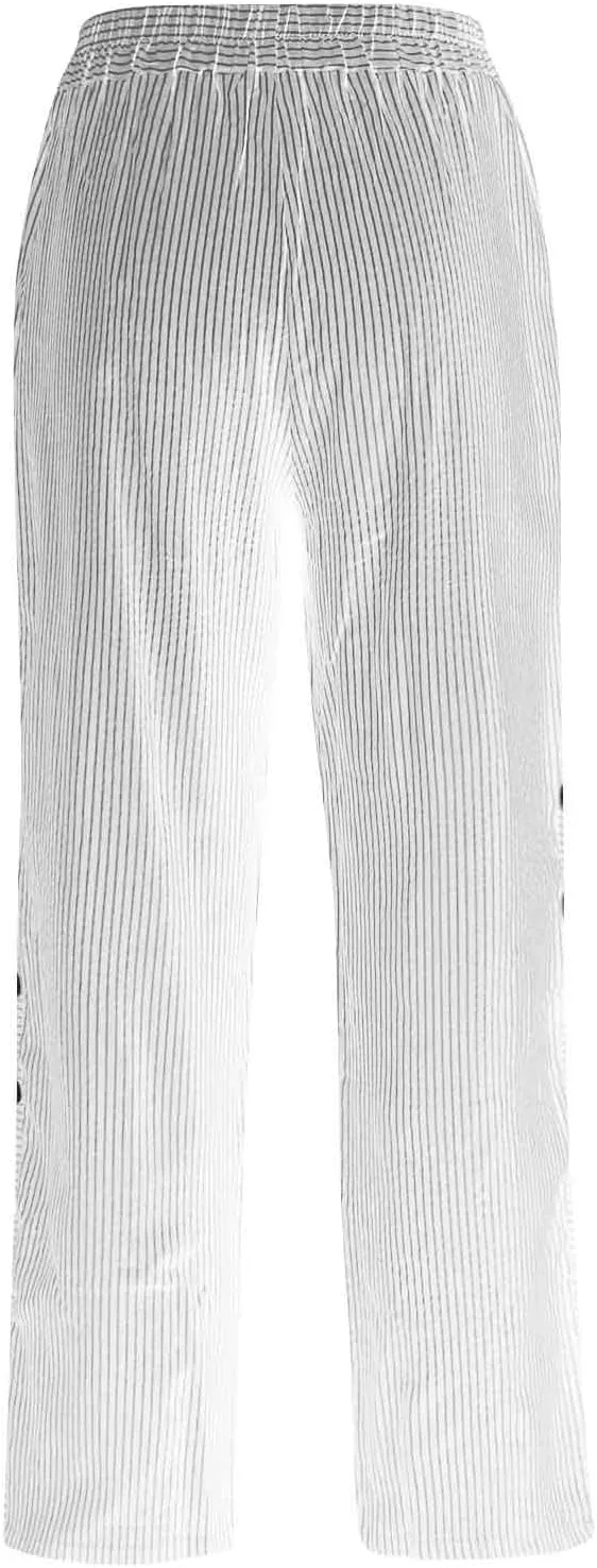 Womens Striped Pants Summer Lightweight Linen Pants Side Button Elastic Waist Straight Wide Leg Baggy Casual Trousers