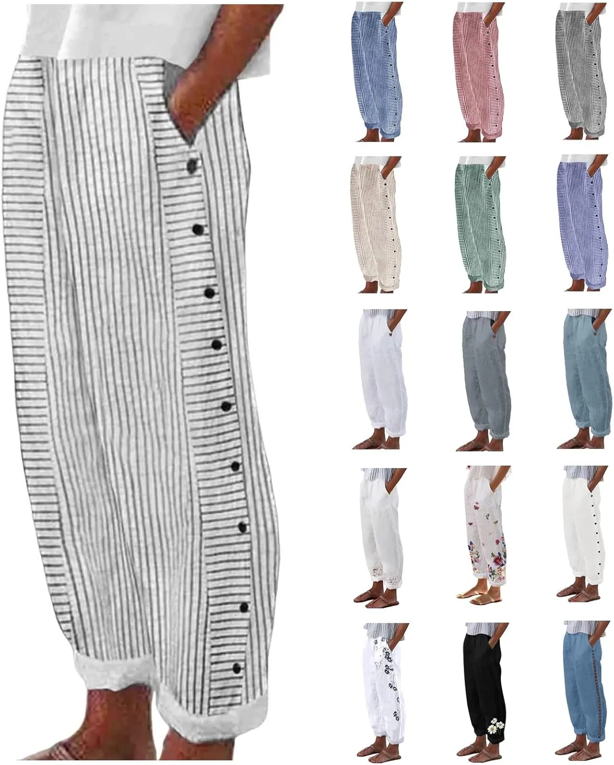 Womens Striped Pants Summer Lightweight Linen Pants Side Button Elastic Waist Straight Wide Leg Baggy Casual Trousers