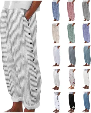 Womens Striped Pants Summer Lightweight Linen Pants Side Button Elastic Waist Straight Wide Leg Baggy Casual Trousers
