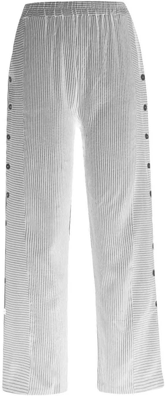 Womens Striped Pants Summer Lightweight Linen Pants Side Button Elastic Waist Straight Wide Leg Baggy Casual Trousers