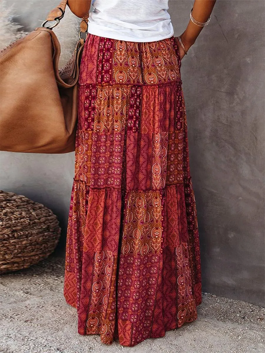 Women's Summer Beach Bohemian Long Skirt Floral Printed Maxi Skirt Vintage Stretch High Waist Halter Skirt