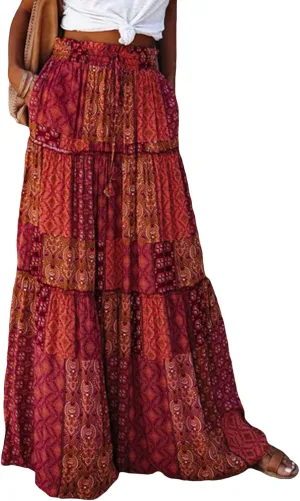 Women's Summer Beach Bohemian Long Skirt Floral Printed Maxi Skirt Vintage Stretch High Waist Halter Skirt