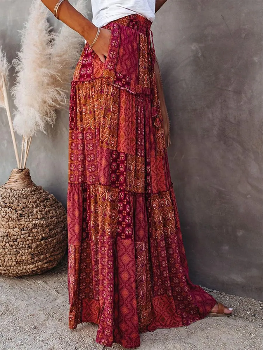 Women's Summer Beach Bohemian Long Skirt Floral Printed Maxi Skirt Vintage Stretch High Waist Halter Skirt