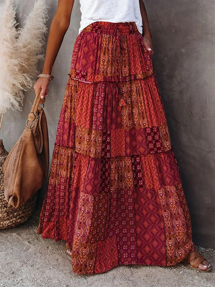 Women's Summer Beach Bohemian Long Skirt Floral Printed Maxi Skirt Vintage Stretch High Waist Halter Skirt