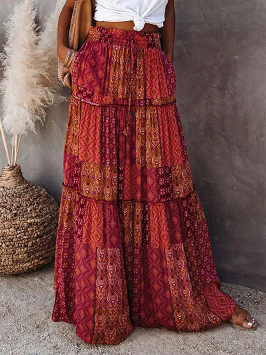 Women's Summer Beach Bohemian Long Skirt Floral Printed Maxi Skirt Vintage Stretch High Waist Halter Skirt