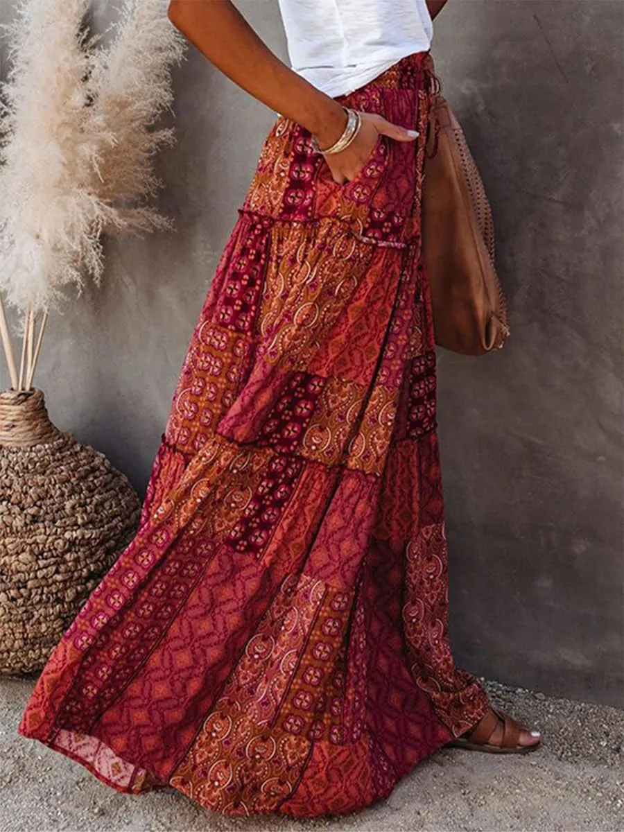 Women's Summer Beach Bohemian Long Skirt Floral Printed Maxi Skirt Vintage Stretch High Waist Halter Skirt