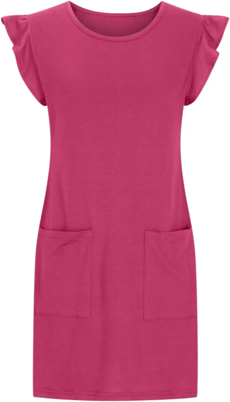 Women's Summer Dress 2024 Trendy Ruffle Flying Sleeve Round Neck Casual Loose Solid Mini Dresses with Pockets