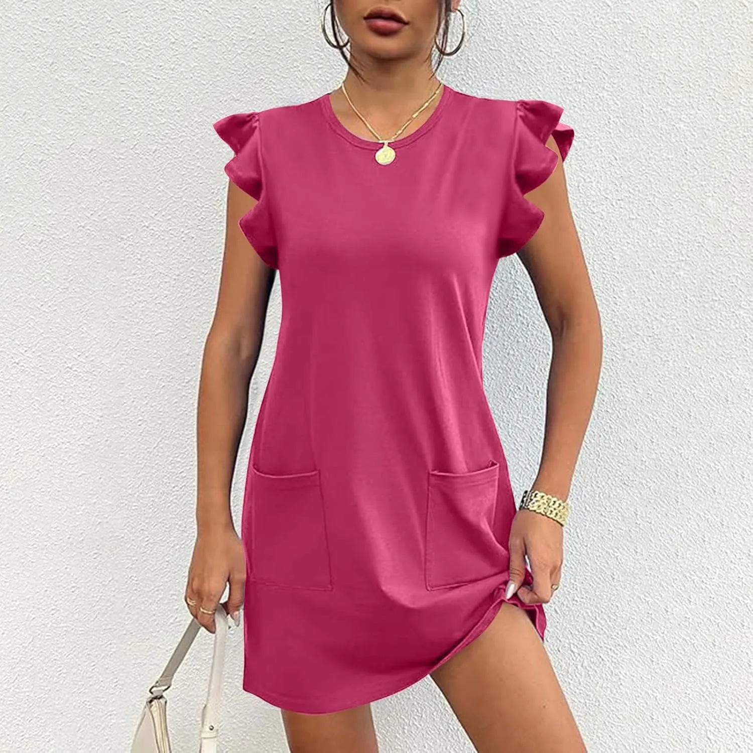 Women's Summer Dress 2024 Trendy Ruffle Flying Sleeve Round Neck Casual Loose Solid Mini Dresses with Pockets