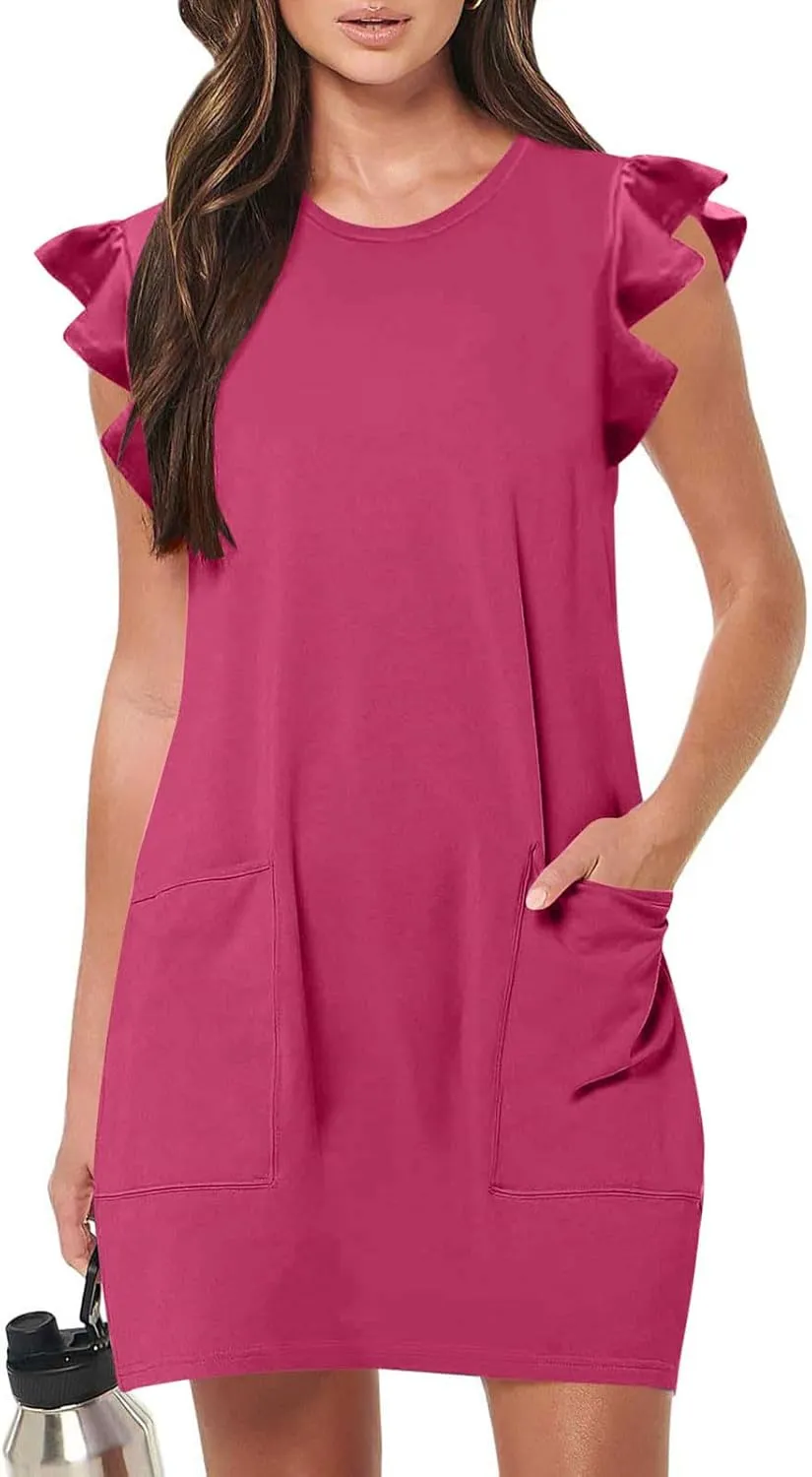 Women's Summer Dress 2024 Trendy Ruffle Flying Sleeve Round Neck Casual Loose Solid Mini Dresses with Pockets