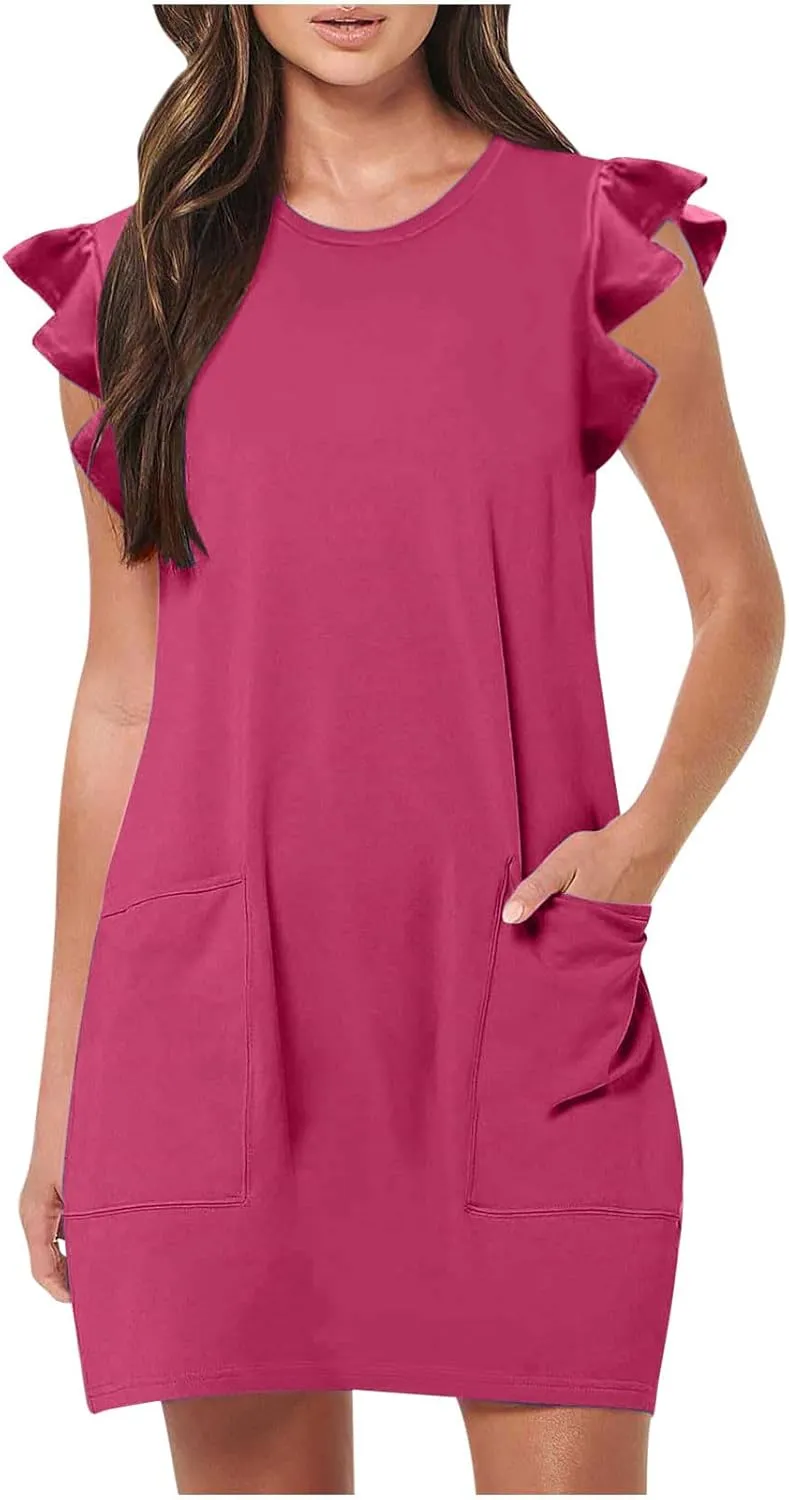 Women's Summer Dress 2024 Trendy Ruffle Flying Sleeve Round Neck Casual Loose Solid Mini Dresses with Pockets