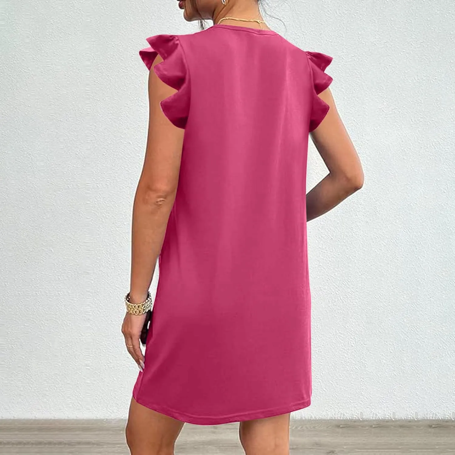 Women's Summer Dress 2024 Trendy Ruffle Flying Sleeve Round Neck Casual Loose Solid Mini Dresses with Pockets