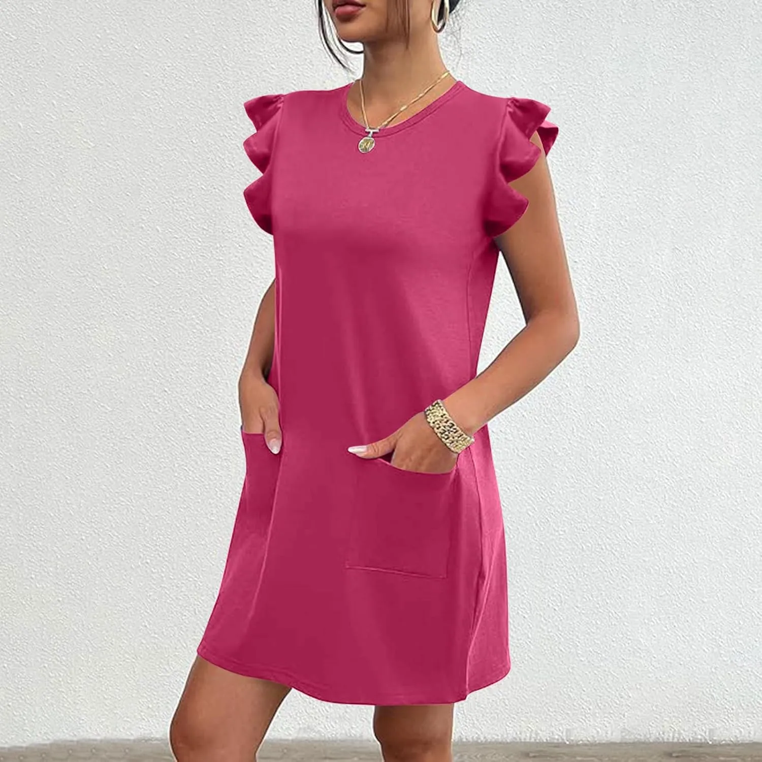 Women's Summer Dress 2024 Trendy Ruffle Flying Sleeve Round Neck Casual Loose Solid Mini Dresses with Pockets