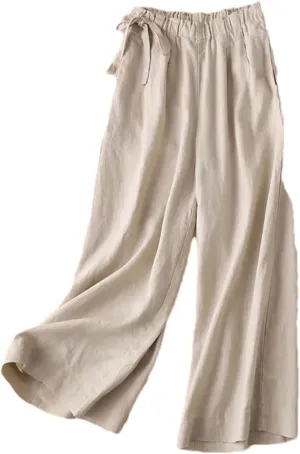 Women's Summer Elastic Waist Cotton Linen Pants  Casual Straight Leg Ankle-Length Trousers for Women