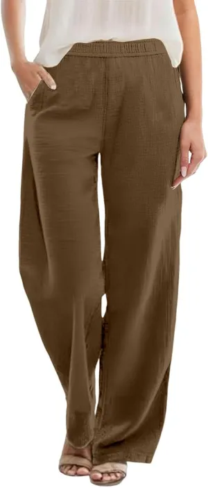 Womens Summer Fashion Linen Pants Solid Casual High Waist Loose Fitness Elastic Waist Trousers with Pockets